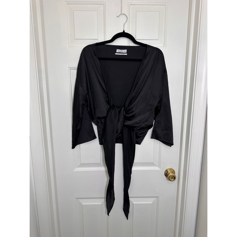 Urban Outfitters Black Satin Tie Front Wrap Top Blouse Wide Sleeve Large - Picture 2 of 4